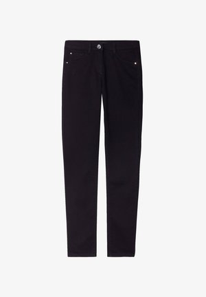 Schwarze Stretch-Jeans mit schmaler Passform, fünf Taschen, vorderer Knopfverschluss und dezenten Steppnähten. Glatter Stoff.