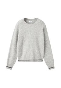 Ljusgrå tröja med rundad halsringning, lös passform och långa ärmar. Har kontrasterande mörkgrå ribbad kant vid nederkant och ärmslut.