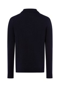 Dunkelblauer Pullover mit Kragen, langen Ärmeln, gerippten Bündchen und Saum, aus einem weichen, strukturierten Strickmaterial gefertigt. Rückansicht gezeigt.