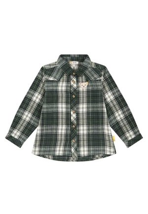Chemise à carreaux verte et blanche à manches longues avec boutons et un petit écusson ours en peluche sur la poche poitrine gauche.