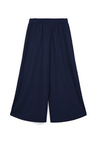 Navy wide-leg shorts made of soft fabric. Features an elastic waistband, flowing design, and a smooth texture without patterns or accents.