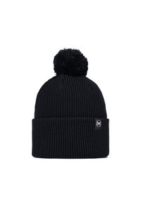 Black knit beanie with a ribbed texture, featuring a round pom-pom on top and a small logo patch on the side.