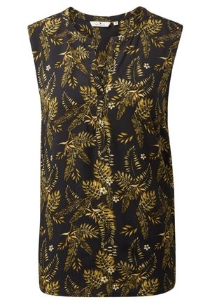 Blouse noire sans manches avec imprimé feuilles tropicales marron et beige et petites fleurs blanches, col en V avec un détail plissé subtil.