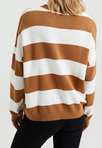 Brun- och vitrandig tröja med avslappnad passform, ribbade ärmar och nederkant. Tillverkad av ett texturerat stickat tyg, framställd mot en neutral bakgrund.