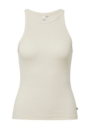 Gerippter, ärmelloser Tanktop in helle Beige. Verfügt über einen runden Ausschnitt und eine figurnahe Silhouette mit einem Etikett an der unteren Seite. Weicher Stoff.