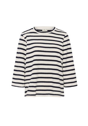 Gestreepte top met lange mouwen, voorzien van marineblauwe en crème horizontale strepen, ronde halslijn en textielachtige stof. Relaxte pasvorm.