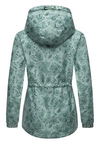 Ljus teal färgad blommig jacka med huva, elastiska ärmmuddar, dragsko i midjan och ett mönster av detaljerade blommor och blad.