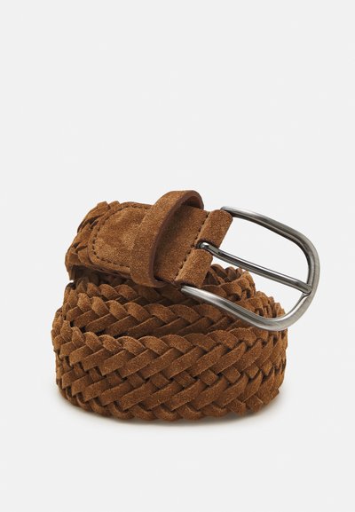Braided brown suede belt with a silver-tone metal buckle. Textured surface, flexible design, and a smooth finish on the buckle.