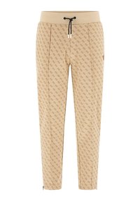 Beige sweatpants met een patroon van logo's over de hele stof, voorzien van een elastische taille met trekkoord en ritsen bij de enkelboorden.