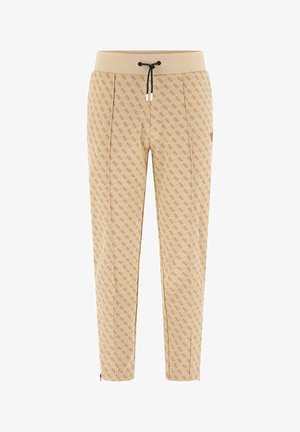 Beige gemusterte Jogginghose mit durchgehendem Logo-Design, elastischem Bund mit Kordelzug und Reißverschluss an den Beinabschlüssen.