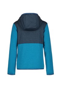 Veste à capuche avec une palette de couleurs bleu et marine, présentant une texture lisse et un design bicolore. Comprend un empiècement arrière et des manches longues.