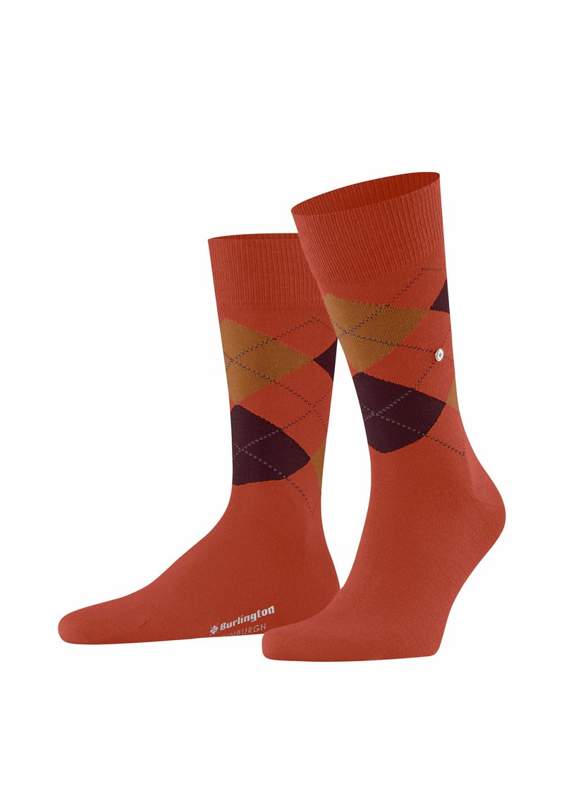 Oranje sokken met een geribbeld boord, voorzien van een diamantpatroon in paars, bruin en mosterd. Inclusief Burlington-logo nabij de teen.