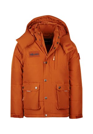 Orange padded children's winter jacket with detachable hood, front zipper, snap buttons, and multiple front pockets.