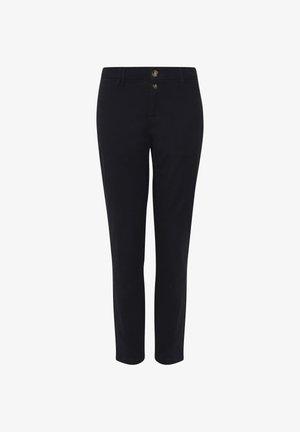 Black tailored pants made of cotton blend fabric, featuring two front buttons, a straight cut, and a smooth texture. No visible patterns.