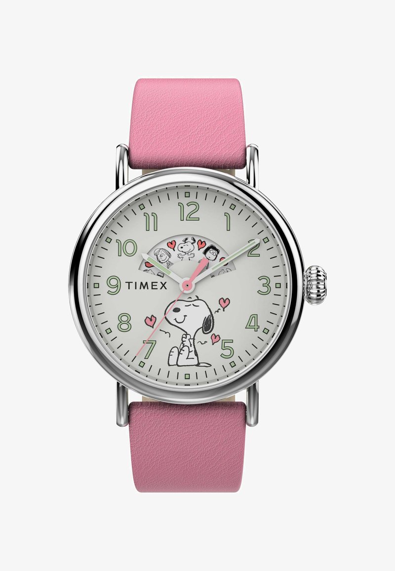 Timex-Uhr mit einem rosa Lederarmband, Gehäuse aus silbernem Edelstahl, weißem Zifferblatt, grünen Zahlen und Cartoon-Grafiken von Snoopy und seinen Freunden.