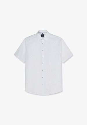 Camicia bianca a maniche corte con bottoni, con piccolo motivo a pois neri e colletto classico, mostrata stesa su sfondo bianco.