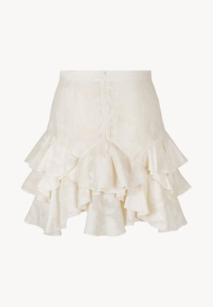 Biała mini spódnica o fakturze z warstwowym, falbaniastym dołem i zamkiem błyskawicznym z tyłu, z subtelnym kwiatowym wzorem żakardowym.