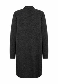 Lange, donkergrijze gebreide cardigan met een kraag en lange mouwen, voorzien van een gestructureerde stof en een rechte zoom aan de onderkant.