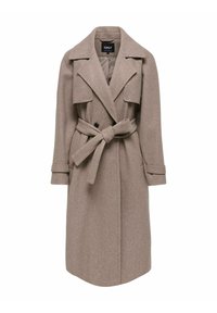 Beige uldblanding trenchcoat med store revers, dobbeltstående knappelukning, bælte i taljen og lange ærmer. Glat tekstur.