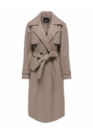 Beige Wolle-Mischung Trenchcoat mit großen Revers, doppelter Knopfverschluss, tailliertem Gürtel und langen Ärmeln. Glatte Textur.