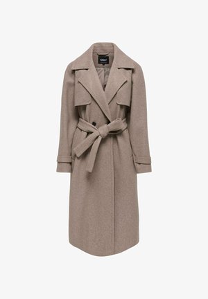 Beige uldblanding trenchcoat med store revers, dobbeltstående knappelukning, bælte i taljen og lange ærmer. Glat tekstur.