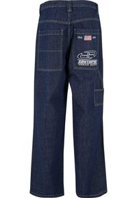 Tumed sinised denim cargo püksid otse lõikega, millel on kaks tagataskut ja patch "SOUTHPOLE URBAN ACT" logoga ning USA lipuga.
