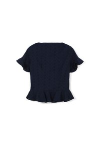 Top peplum blu navy con maniche corte a campana, caratterizzato da un motivo testurizzato a pois e un orlo arricciato in fondo.