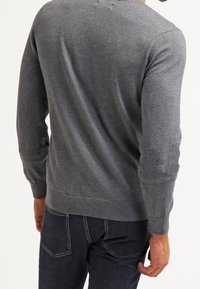 Grauer Strickpullover mit langen Ärmeln, enganliegendem Design, gerippten Bündchen und Saum, getragen über dunkelblauen Denim-Jeans, mit glatter Textur.