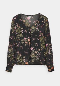 Blouse noire avec imprimé floral en rose et vert. Caractéristiques : décolleté en V, manches longues, et détail froncé sur le devant. Tissu léger.