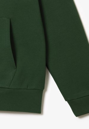 Section d'un sweat à capuche vert en coton avec une poche kangourou, des poignets et un ourlet côtelés. Le tissu semble lisse avec une finition couleur unie.