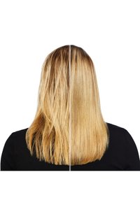 Hårjämförelse som visar vänster sida med vågigt, frizzigt blont hår och högra sidan med rakt, slätt blont hår, båda axellånga.