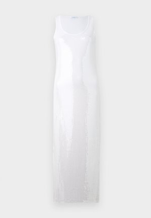 Long white sleeveless dress with a scoop neckline, featuring a textured pattern with sequins that create a shimmering effect.