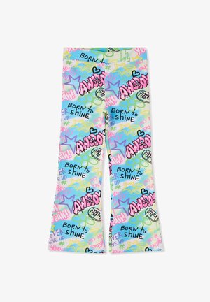 Leggings a zampa colorati con sfondo azzurro chiaro e grafiche audaci multicolori, tra cui stelle, cuori e frasi motivazionali.