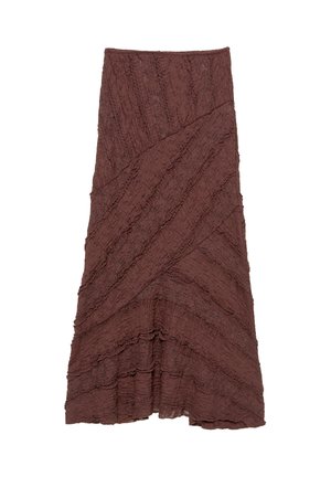 Hnědá texturovaná sukně se vrstveným, vlnitým designem a diagonálními vzory, se skladovanými detaily podél okrajů a rozšířenou siluetou.