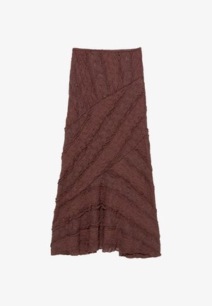 Brown textured skirt with a layered, wavy design and diagonal patterns, featuring ruffled accents along the edges and a flared silhouette.