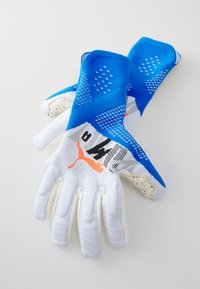 White and blue gloves with a textured fabric, featuring silicone grips on the fingertips and a logo in black and orange.