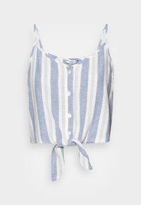 Top cropped em azul e branco às riscas, feito de tecido leve, com decote redondo, botões frontais e detalhe de bainha atada.