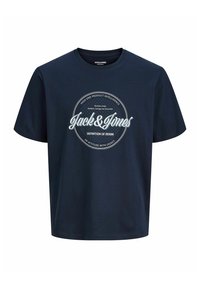 Marineblauw katoenen T-shirt met een ronde hals en korte mouwen. Centrale bedrukking met "Jack & Jones" en bijbehorende tekst.