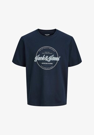 Marineblauw katoenen T-shirt met een ronde hals en korte mouwen. Centrale bedrukking met "Jack & Jones" en bijbehorende tekst.