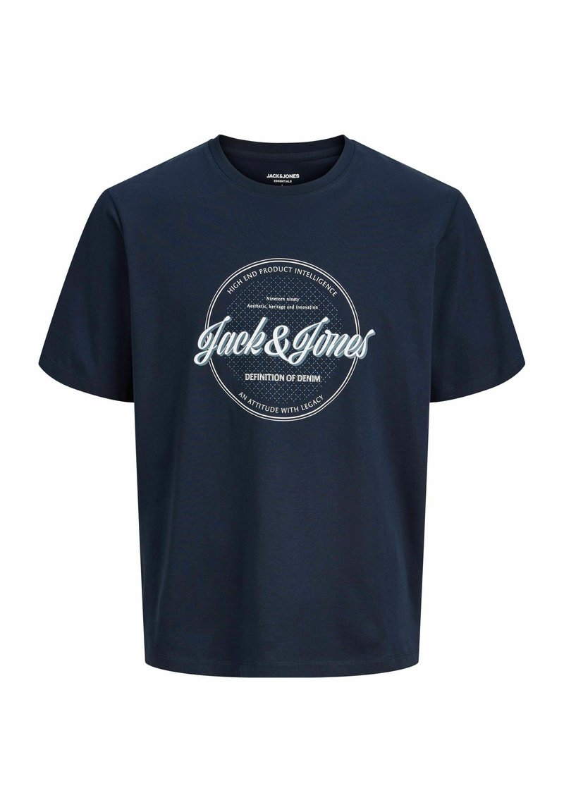Marineblauw katoenen T-shirt met een ronde hals en korte mouwen. Centrale bedrukking met "Jack & Jones" en bijbehorende tekst.