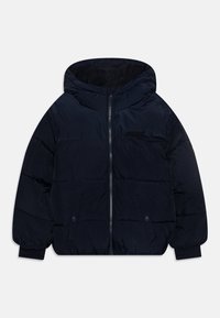 Granatowa pikowana kurtka puchowa z kapturem, z zamkiem z przodu, dwoma bocznymi kieszeniami, ściągaczami na mankietach oraz wykonana z lekkiego, teksturowanego materiału.