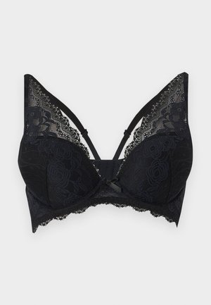 Μαύρο δαντελένιο σουτιέν με floral σχέδια, κυματιστές άκρες, ρυθμιζόμενους ιμάντες και μικρό φιόγκο στο κέντρο, παρουσιάζεται σε λευκό φόντο.