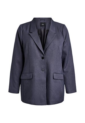 Temno siva ženska blazer jakna z notch reverji, dvema sprednjima gumboma, žepoma s klapnami in dolgimi rokavi, prikazana na beli podlagi.
