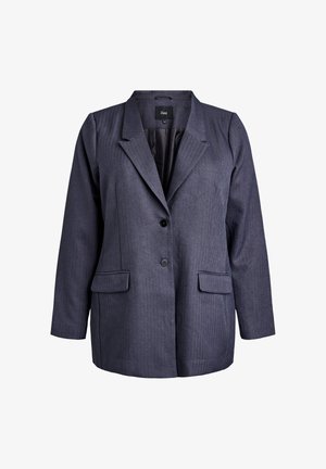 Tmavě šedý dámský blazer s klopami, dvěma předními knoflíky, klopovými kapsami a dlouhými rukávy, vystavený na bílém pozadí.