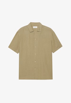 Košile s krátkým rukávem, světle khaki, vyrobená z texturované tkaniny, s klasickým límcem, předními knoflíky a volným střihem.