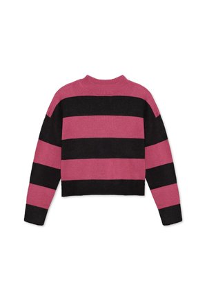 Suéter recortado con cuello redondo, con franjas alternas de negro y rosa intenso. Textura de punto con puños y dobladillo acanalados.
