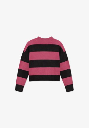 Suéter recortado con cuello redondo, con franjas alternas de negro y rosa intenso. Textura de punto con puños y dobladillo acanalados.