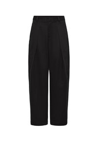 Schwarze, cropped Hosen mit hoher Taille, die vordere Falten und einen glatten, strukturierten Stoff aufweisen. Schlichtes, tailliertes Design ohne sichtbare Muster.
