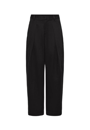 Black cropped trousers with a high waist, featuring front pleats and a smooth, textured fabric. Simple, tailored design with no visible patterns.