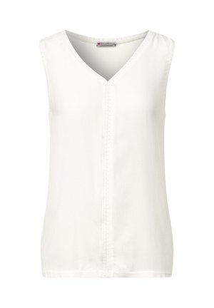 Blusa bianca senza maniche con scollatura a V, texture liscia e dettagli di cucitura verticale discreti. Design semplice e classico per un uso versatile.